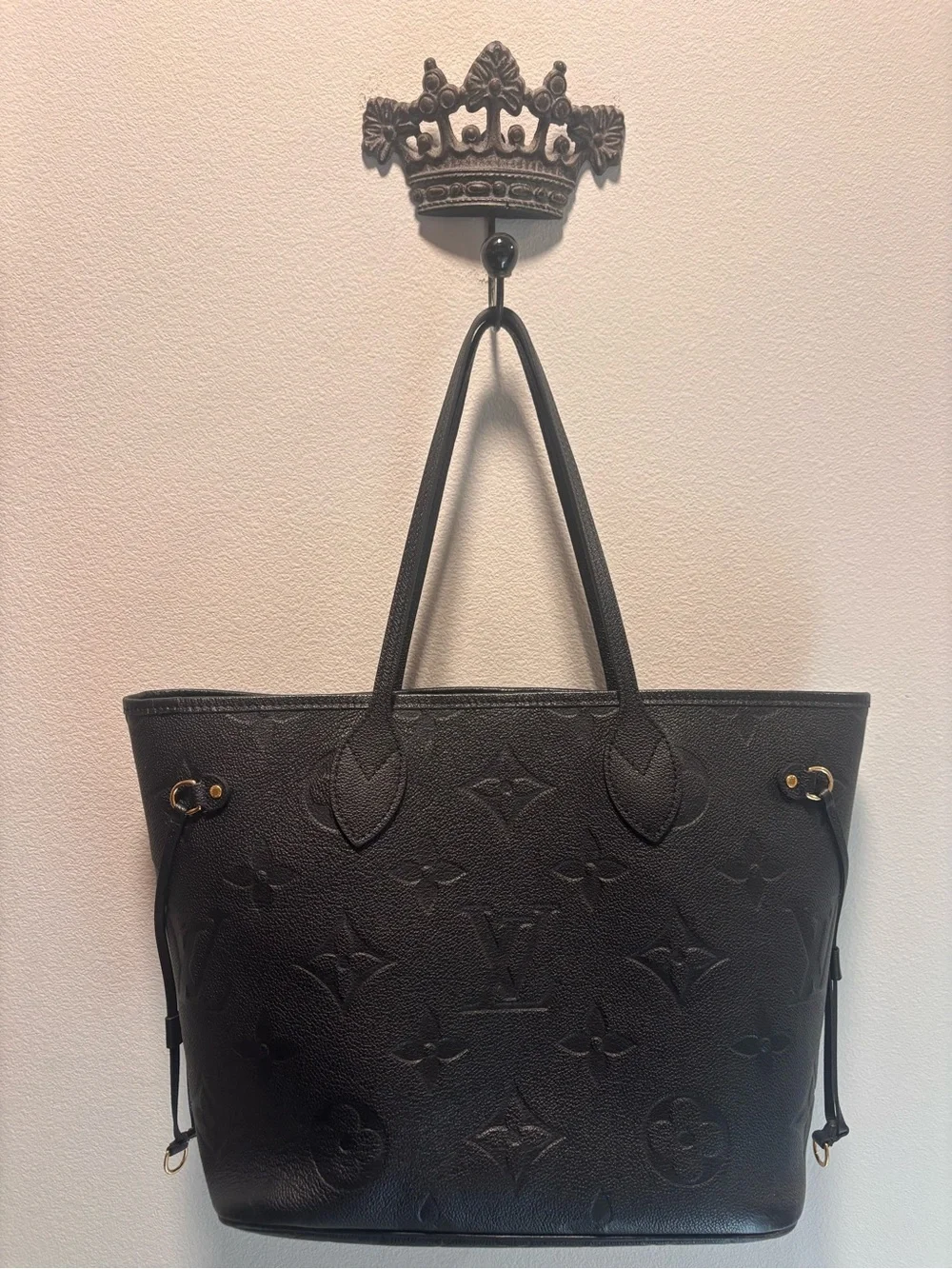 Louis Vuitton Black Embossed Monogram never fall MM with Pouch